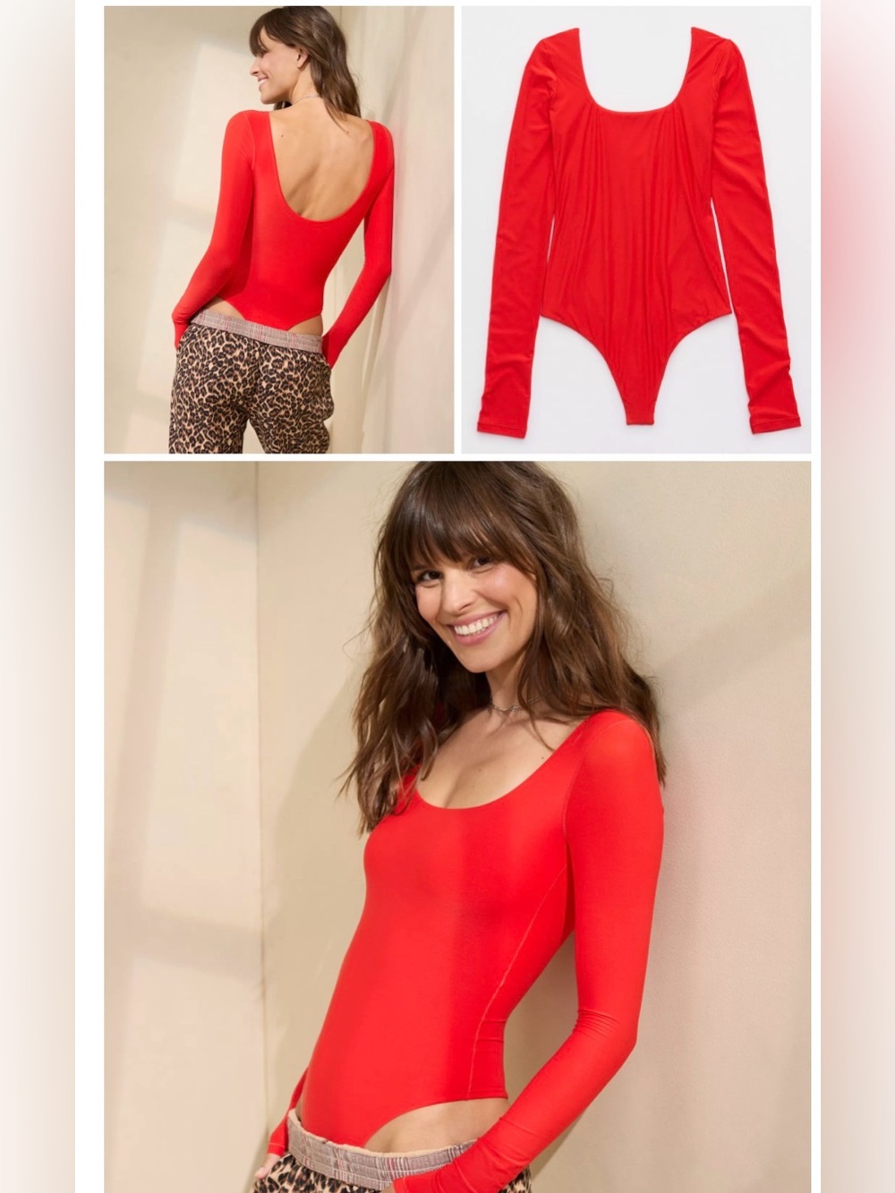 aerie Red Smoothez Long-Sleeve Scoop-Back Bodysuit